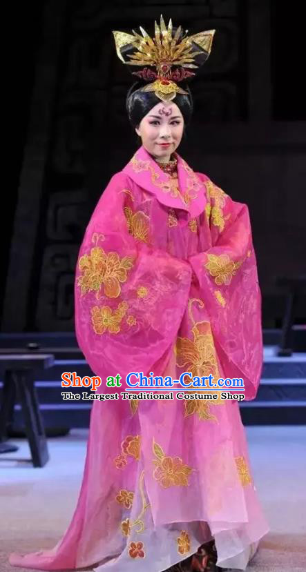 Chinese Han Opera Imperial Consort Garment Costumes and Headdress You Meng Yi Guan Traditional Hubei Hanchu Opera Hua Tan Apparels Court Lady Pink Dress