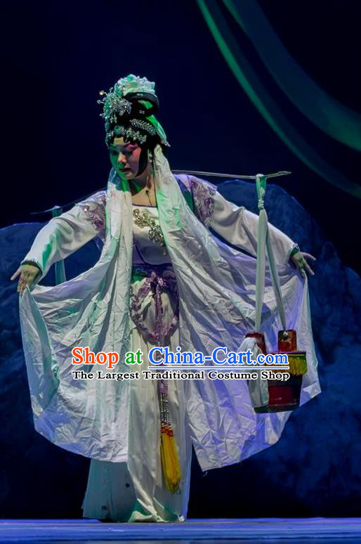 Chinese Han Opera Diva Li Guilian Garment Yin Yang River Costumes and Headdress Traditional Hubei Hanchu Opera Young Female Apparels Distress Woman Dress