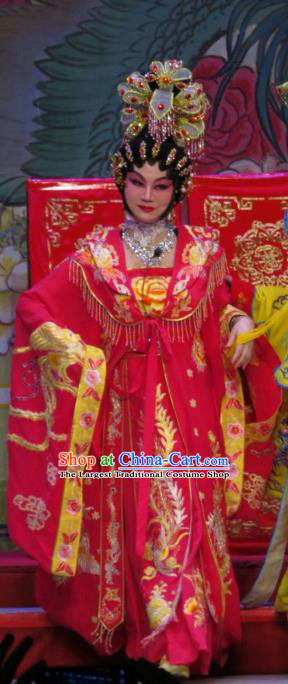 Chinese Cantonese Opera Concubine Yang Yuhuan Garment The Long Regret Costumes and Headdress Traditional Guangdong Opera Apparels Young Female Red Dress