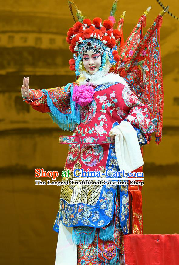 Chinese Han Opera Female General Red Kao Garment Mu Ke Zhai Costumes and Headdress Traditional Hubei Hanchu Opera Mu Guiying Apparels Tao Ma Tan Red Dress