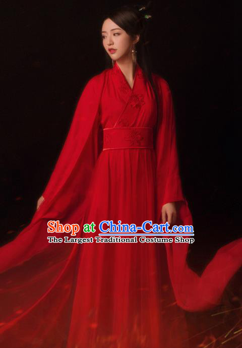 Chinese Traditional Tang Dynasty Female Swordsman Red Hanfu Dress Apparels Ancient Young Lady Historical Costumes and Headpieces Complete Set