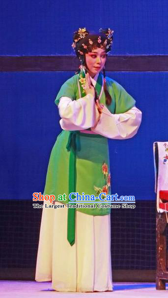 Chinese Cantonese Opera Maid Lady Garment The Peony Pavilion Costumes and Headdress Traditional Guangdong Opera Xiaodan Apparels Chun Xiang Green Dress