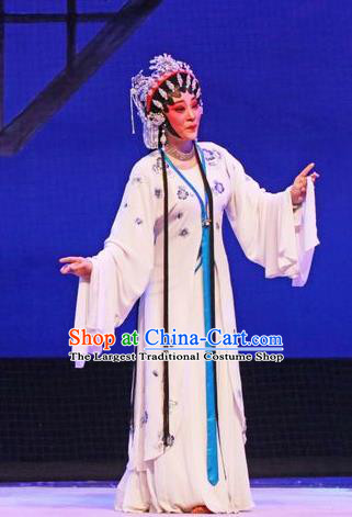 Chinese Cantonese Opera Actress Du Liniang Garment The Peony Pavilion Costumes and Headdress Traditional Guangdong Opera Young Female Apparels Distress Maiden Dress