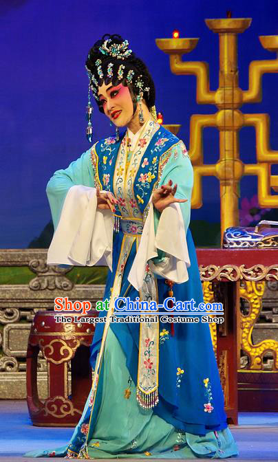 Chinese Cantonese Opera Young Beauty Garment Costumes and Headdress Traditional Guangdong Opera Diva Xi Shi Apparels Hua Tan Blue Dress