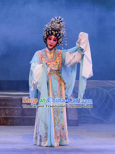 Chinese Cantonese Opera Hua Tan Xi Shi Garment Costumes and Headdress Traditional Guangdong Opera Hua Tan Apparels Empress Blue Dress