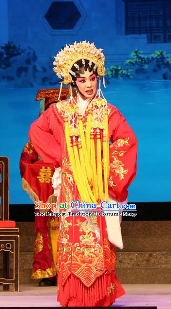 Chinese Cantonese Opera Bride Garment Legend of Lun Wenxu Costumes and Headdress Traditional Guangdong Opera Hua Tan Apparels Wedding Red Dress