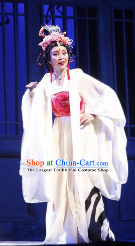 Chinese Cantonese Opera Actress Garment Empress Zhou the Lesser Costumes and Headdress Traditional Guangdong Opera Queen Apparels Hua Tan White Dress