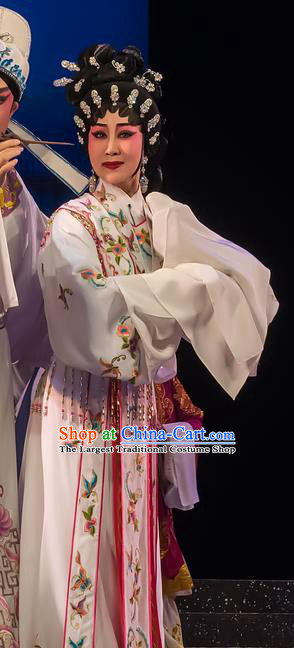 Chinese Cantonese Opera Huadan Garment The Romance of Hairpin Costumes and Headdress Traditional Guangdong Opera Young Female Apparels Actress Qian Yulian White Dress