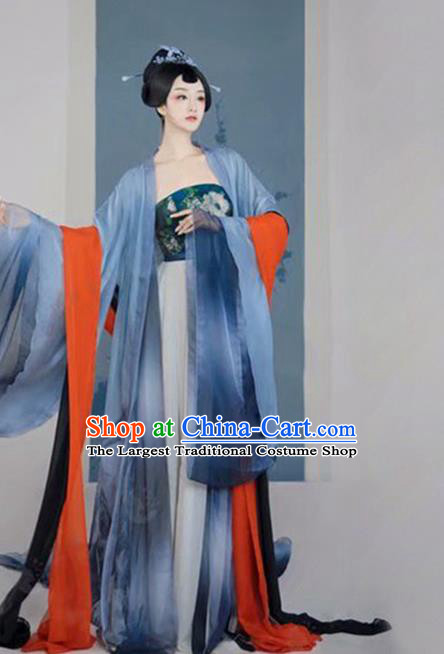 Chinese Traditional Drama Ancient Palace Lady Blue Hanfu Dress Apparels Tang Dynasty Royal Princess Historical Costumes and Headpieces Complete Set