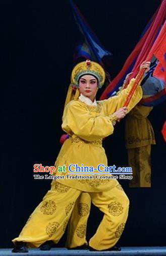 Yuan Yang Sword Chinese Guangdong Opera Wusheng Apparels Costumes and Headpieces Traditional Cantonese Opera Soldier Garment Warrior Yellow Clothing