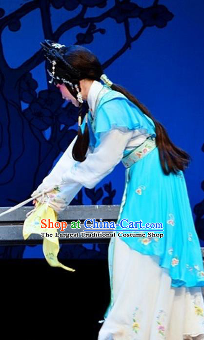 Chinese Cantonese Opera Swordswoman Garment Yuan Yang Sword Costumes and Headdress Traditional Guangdong Opera Hua Tan Apparels Martial Female Qin Huilan Blue Dress