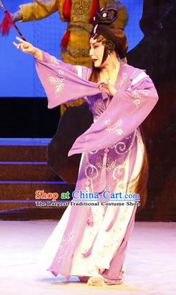 Chinese Cantonese Opera Young Female Garment The Lotus Lantern Costumes and Headdress Traditional Guangdong Opera Actress Apparels Distress Woman Purple Dress