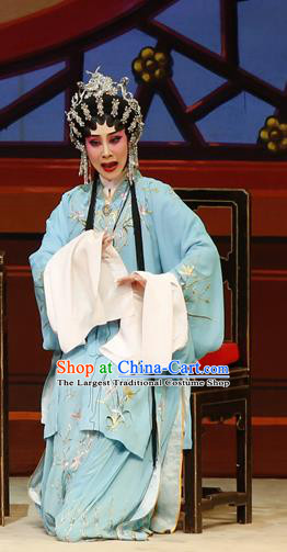 Chinese Cantonese Opera Young Mistress Garment The Lotus Lantern Costumes and Headdress Traditional Guangdong Opera Actress Apparels Wang Guiying Blue Dress