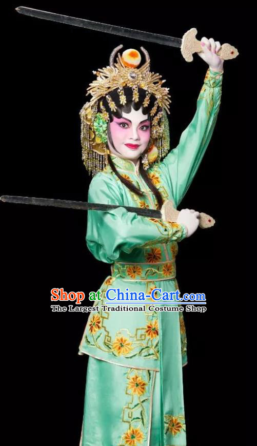 Chinese Cantonese Opera Village Girl Bai Lixiang Garment Costumes and Headdress Traditional Guangdong Opera Young Lady Apparels Martial Female Green Dress