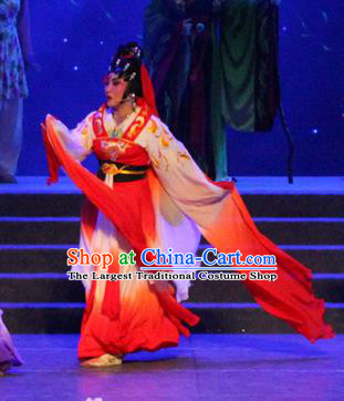 Chinese Cantonese Opera Fairy Garment Qian Nv You Hun Costumes and Headdress Traditional Guangdong Opera Ghost Nie Xiaoqian Apparels Hua Tan Red Dress