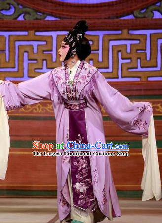 Chinese Cantonese Opera Young Woman Garment The Mad Monk by the Sea Costumes and Headdress Traditional Guangdong Opera Hua Tan Apparels Actress Ye Piaohong Purple Dress