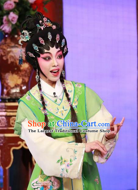 Chinese Cantonese Opera Young Lady Garment The Mad Monk by the Sea Costumes and Headdress Traditional Guangdong Opera Apparels Xiaodan Qiu Chan Green Dress