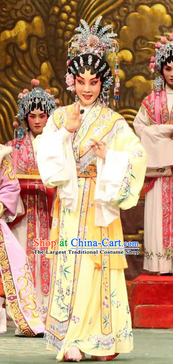 Chinese Cantonese Opera Queen Garment Princess Zhaojun Costumes and Headdress Traditional Guangdong Opera Hua Tan Apparels Young Beauty Yellow Dress