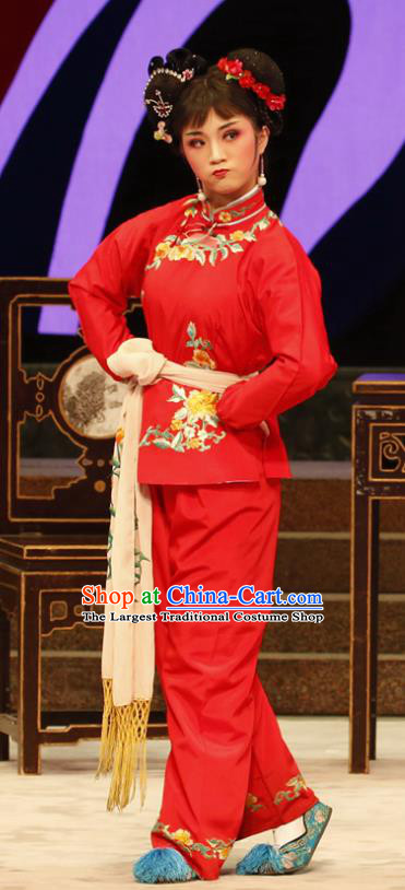 Chinese Cantonese Opera Young Lady Garment Nao Chai Costumes and Headdress Traditional Guangdong Opera Village Girl Apparels Hu Xiaoying Red Dress