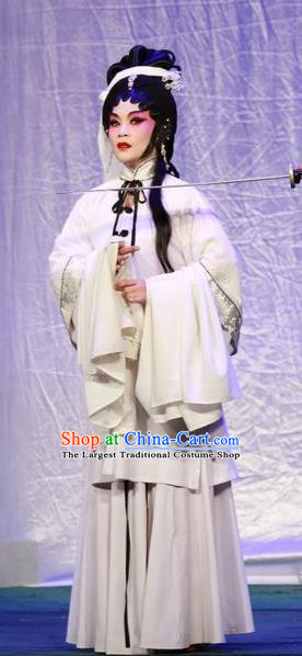 Chinese Cantonese Opera Young Female Garment Qing Hua Pan Jinlian Costumes and Headdress Traditional Guangdong Opera Actress Apparels Widow White Dress