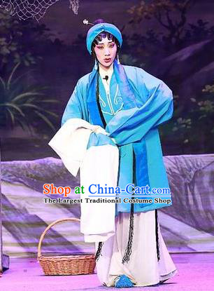 Chinese Cantonese Opera Country Woman Garment Costumes and Headdress Traditional Guangdong Opera Actress Apparels Young Female Blue Dress