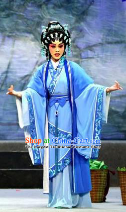 Chinese Cantonese Opera Young Mistress Garment Pan Maoming Costumes and Headdress Traditional Guangdong Opera Actress Apparels Diva Blue Dress