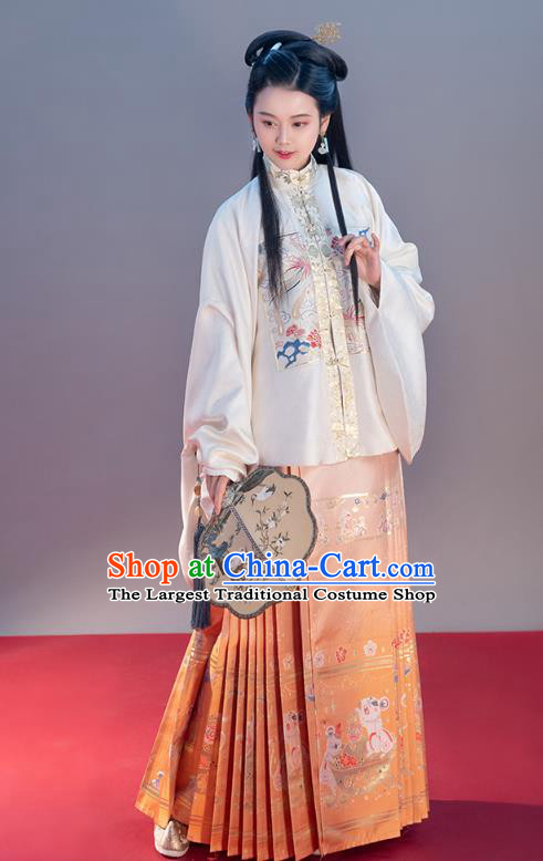 Chinese Traditional Ming Dynasty Noble Female Apparels Ancient Patrician Lady Hanfu Dress Historical Costumes White Blouse and Orange Skirt Complete Set