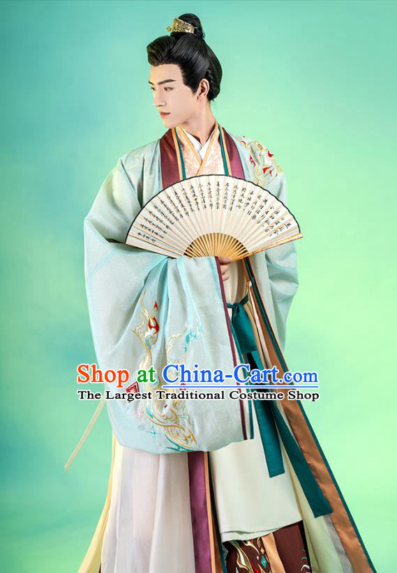 Asian Chinese Traditional Song Dynasty Royal Prince Hanfu Apparels Ancient Nobility Childe Historical Costumes Embroidered Cape Shirt and Skirt Complete Set for Men