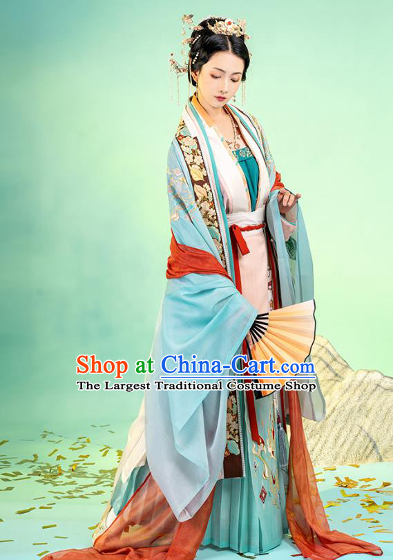 Asian Chinese Traditional Song Dynasty Royal Princess Hanfu Apparels Ancient Imperial Consort Historical Costumes Embroidered BeiZi Blouse and Skirt Complete Set for Women