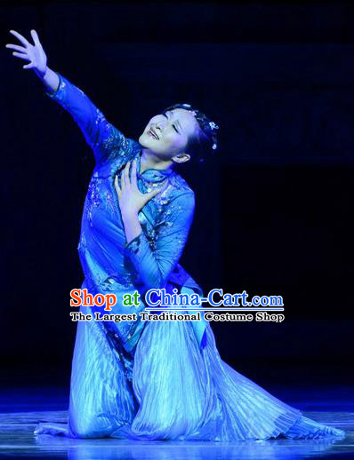 Chinese Dance Drama The Clay Figurine Young Lady Garment Costumes Traditional Stage Show Dress Qi Yangliu Blue Apparels and Headpieces