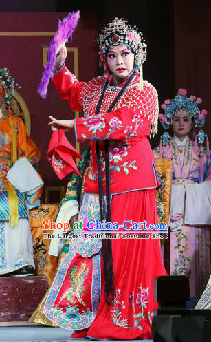 Chinese Sichuan Opera Highlights Empress Garment Costumes and Headdress He Gong Huan Qing Traditional Peking Opera Hua Tan Red Dress Queen Apparels