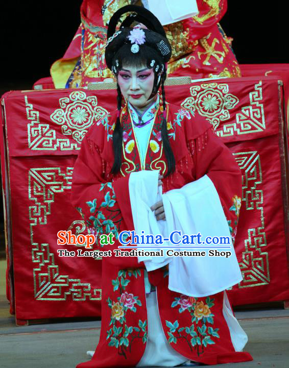 Chinese Sichuan Opera Highlights Diva Qian Suyun Garment Costumes and Headdress En Chou Ji Traditional Peking Opera Hua Tan Red Dress Actress Apparels