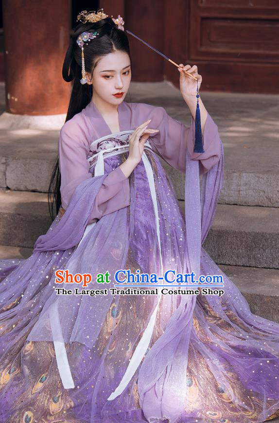 Traditional Chinese Tang Dynasty Court Infanta Historical Costumes Ancient Apparels Princess Goddess Lilac Hanfu Dress for Women