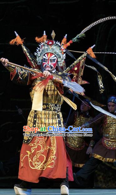 Te Bai City Chinese Bangzi Opera General Armor Apparels Costumes and Headpieces Traditional Hebei Clapper Opera Martial Male Garment Clothing with Flags