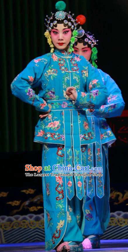 Chinese Shanxi Clapper Opera Martial Female Garment Costumes and Headdress Women General of Yang Family Traditional Bangzi Opera Wudan Blue Dress Apparels