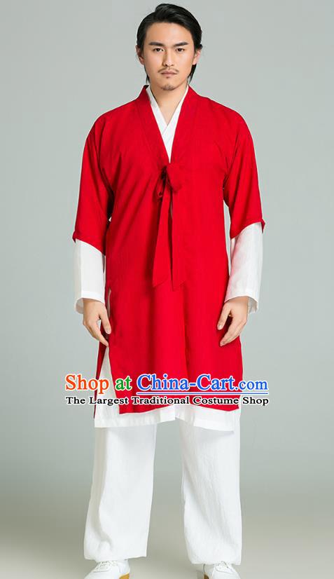 Top Grade Chinese Tai Ji Training Uniforms Kung Fu Martial Arts Costume Shaolin Gongfu Red Cloak White Shirt and Pants for Men