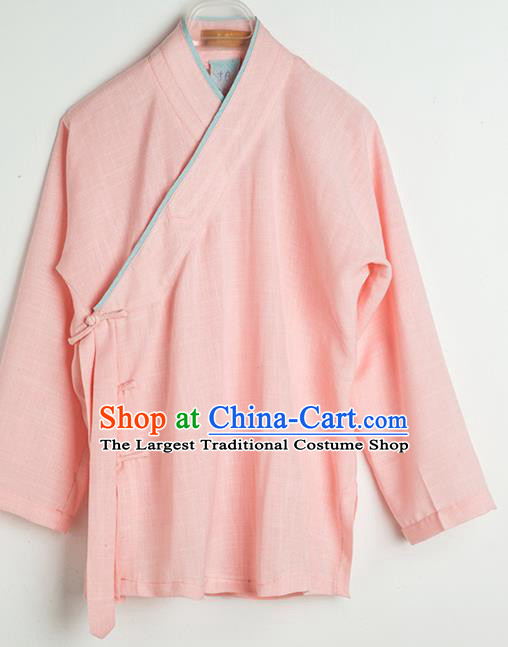 Asian Chinese Traditional Tang Suit Pink Flax Shirt Martial Arts Costumes China Kung Fu Upper Outer Garment Clothing for Kids