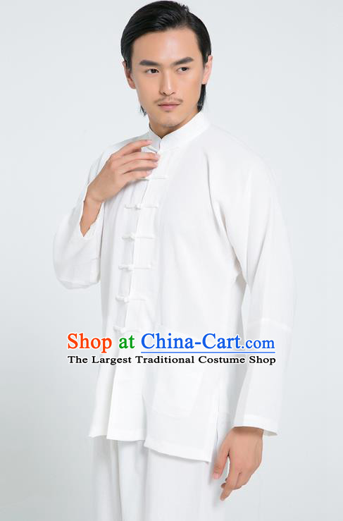 Top Grade Chinese Tai Ji Training Hand Painting Carps Uniforms Kung Fu Martial Arts Costume Shaolin Gongfu White Flax Shirt and Pants for Men