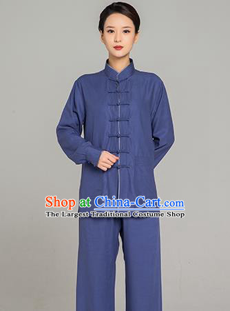 Professional Chinese Tang Suit Navy Linen Blouse and Pants Outfits Martial Arts Shaolin Gongfu Costumes Kung Fu Training Garment for Women