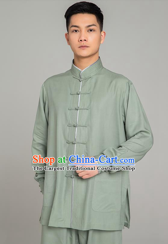 Top Grade Chinese Tai Ji Training Light Green Linen Uniforms Kung Fu Martial Arts Costume Shaolin Gongfu Blouse and Pants for Men