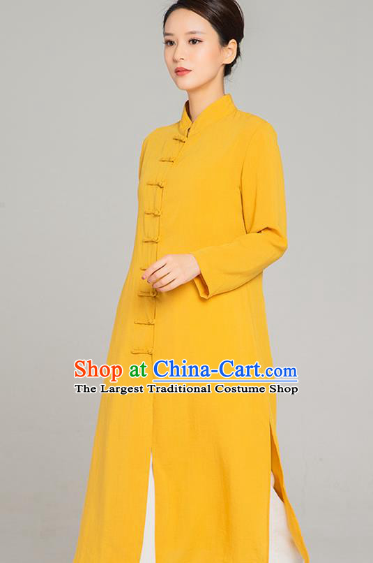 Professional Chinese Tang Suit Yellow Flax Gown and Pants Outfits Martial Arts Costumes Kung Fu Tai Chi Training Garment for Women