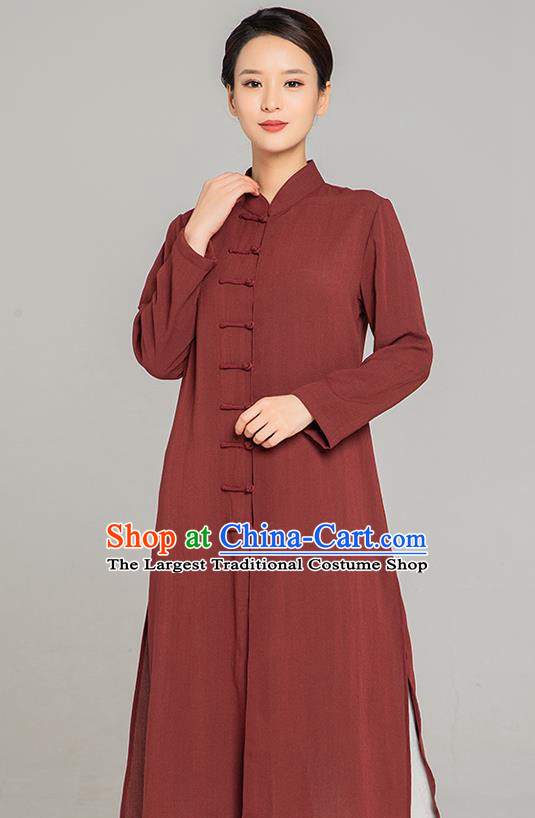 Professional Chinese Tang Suit Maroon Flax Gown and Pants Outfits Martial Arts Costumes Kung Fu Tai Chi Training Garment for Women