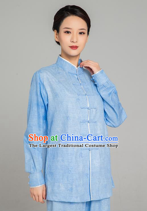 Professional Chinese Tang Suit Jacquard Light Blue Flax Blouse and Pants Outfits Martial Arts Costumes Kung Fu Tai Chi Training Garment for Women