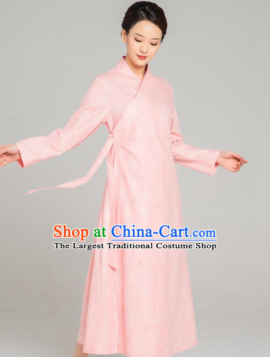 Asian Chinese Traditional Jacquard Maple Leaf Pink Flax Dress Martial Arts Costumes China Kung Fu Robe Garment for Women