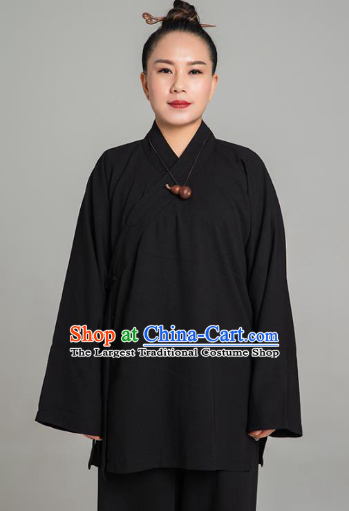 Asian Chinese Traditional Taoist Nun Black Flax Blouse and Pants Martial Arts Costumes China Kung Fu Garment Outfits for Women