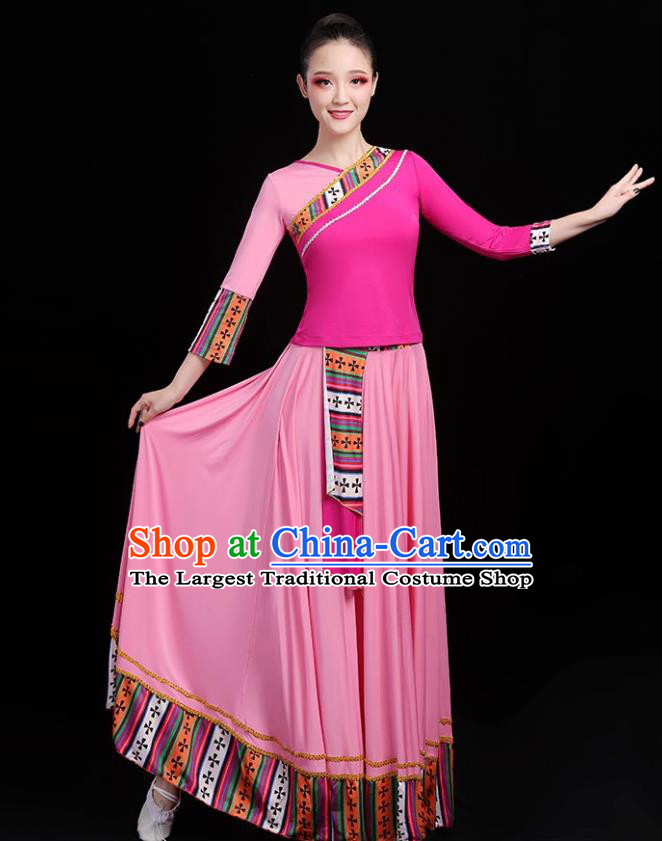 Traditional Chinese Folk Dance Costumes Stage Show Garment Pink Dress for Women