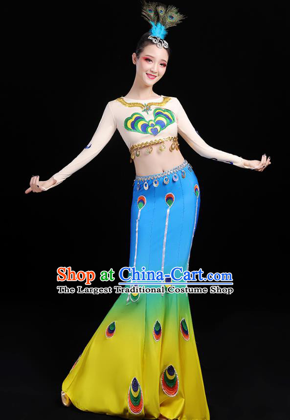 Chinese Traditional Dai Ethnic Dance Costumes Folk Dance Apparels Minority Peacock Dance Blouse and Blue Skirt for Women