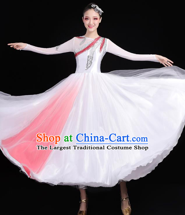 Traditional Chinese Modern Dance Costumes Opening Dance Stage Show Garment Chorus Group White Veil Dress for Women