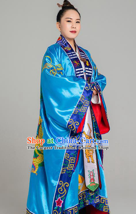 Traditional Chinese Embroidered Blue Silk Gown Priest Frock Martial Arts Costumes China Taoism Taoist Nun Tai Chi Garment for Women