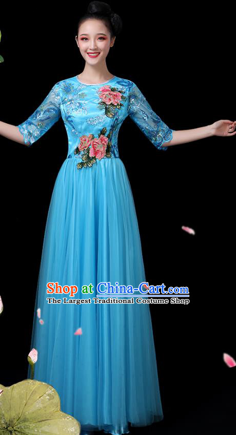 Traditional Chinese Chorus Costumes Stage Show Modern Dance Garment Opening Dance Blue Veil Dress for Women